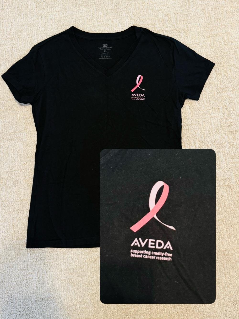 AVEDA Black V-Neck Tee with Pink Awareness Ribbon (XL)